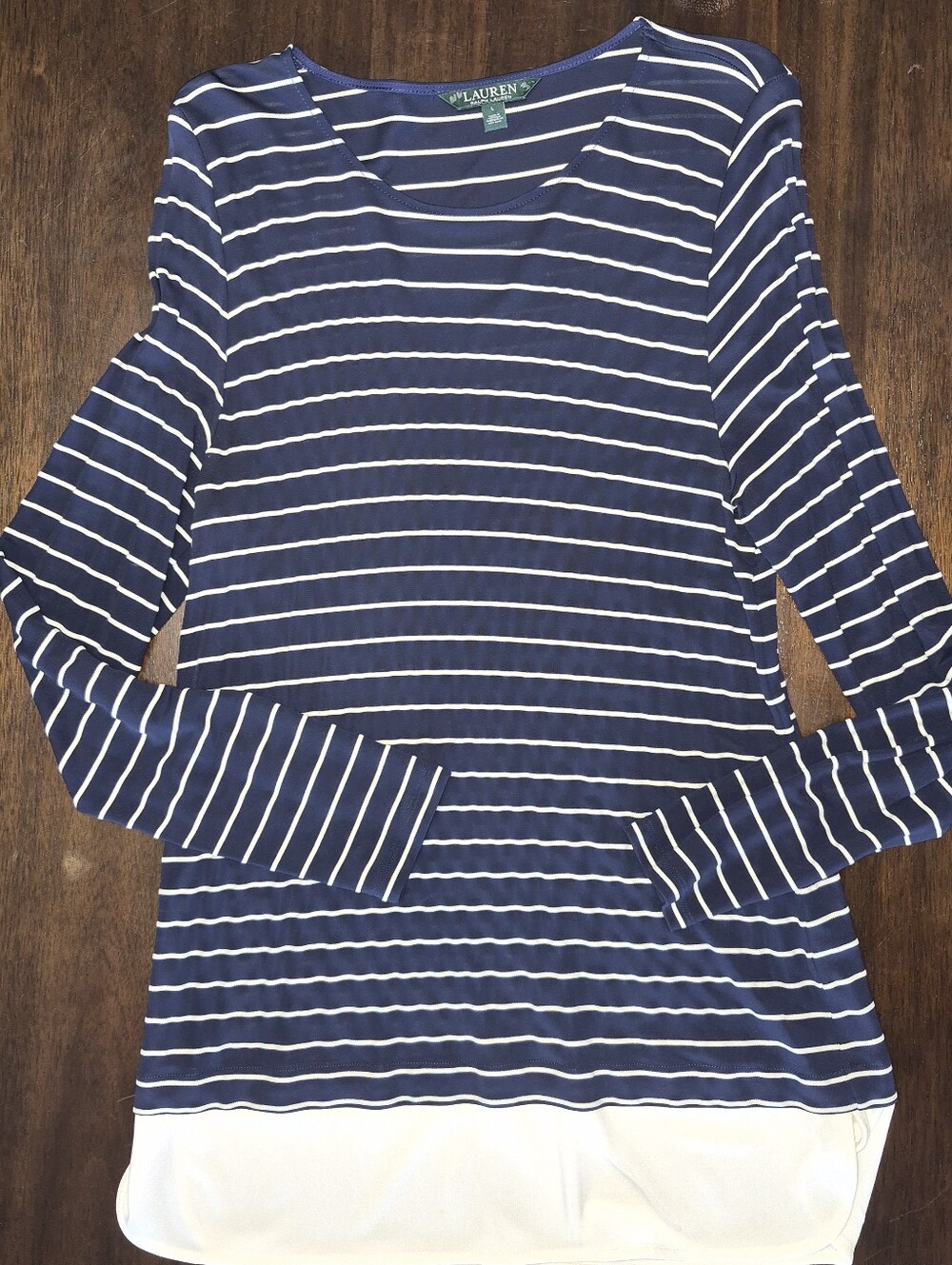 Ralph Lauren Navy and White Striped Long-Sleeve Tee with White Hem